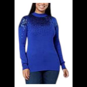 Nina Leonard Women's Embellished Mock-Neck Pullover Sweater Sapphire - Regular